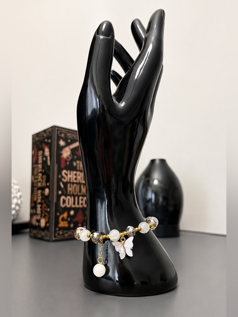 White Beaded Butterfly Charm Bracelet Gold Tone Stretch Jewelry Gift Women
